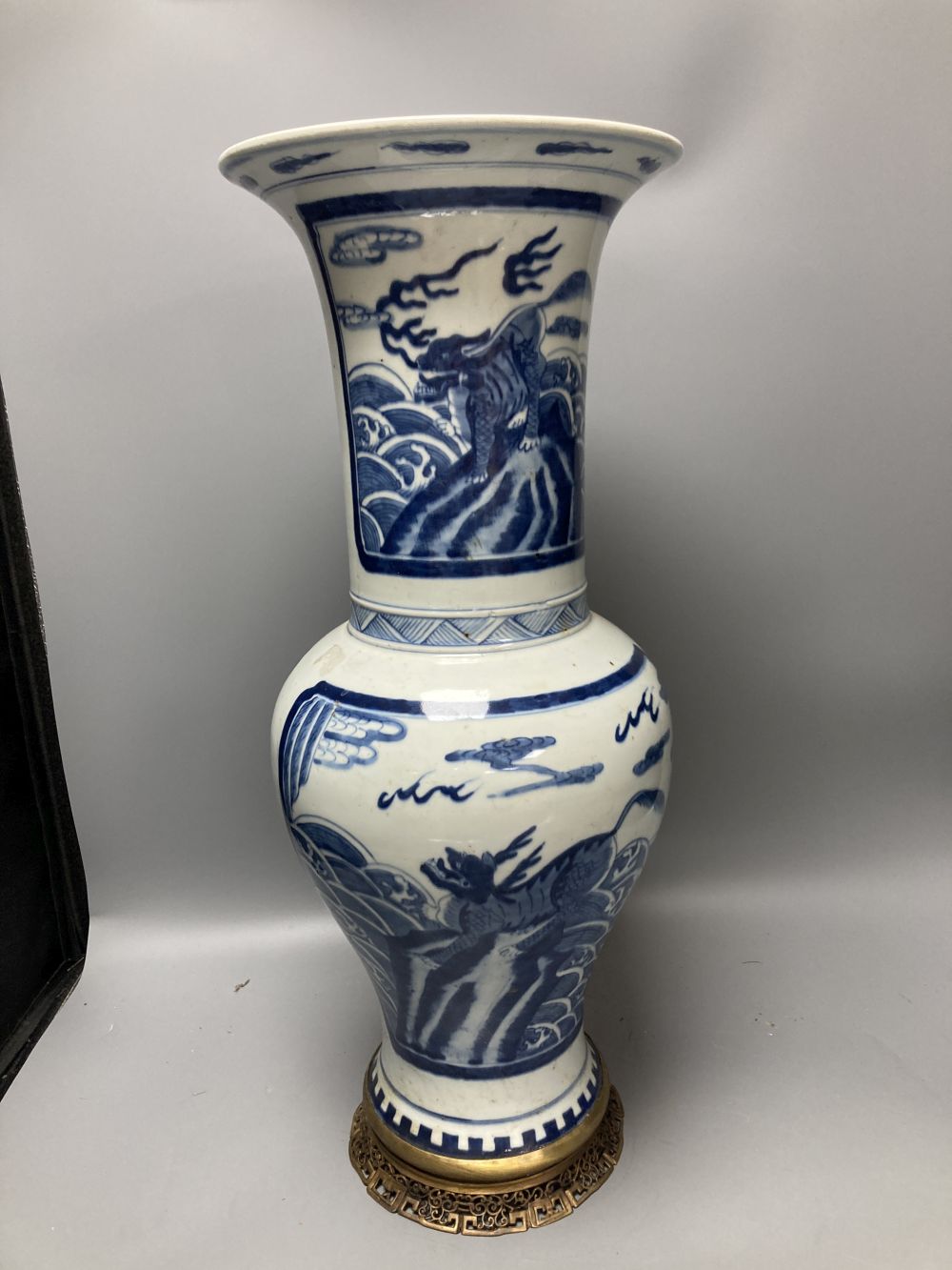 A large Chinese blue and white yen-yen vase with ormolu mounts, 54.5cm